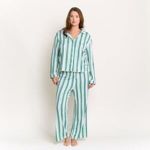 Honeydew Long PJ Set in Jade Mist Cream Stripe 1X/2X